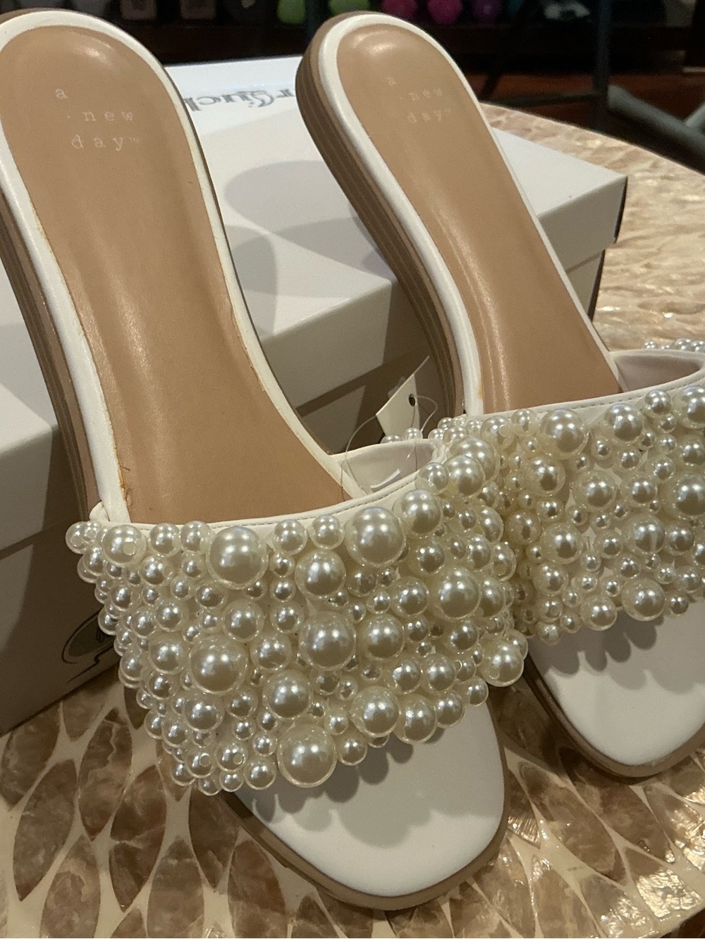 a new day Pearl-Embellished Ivory Slide Sandals